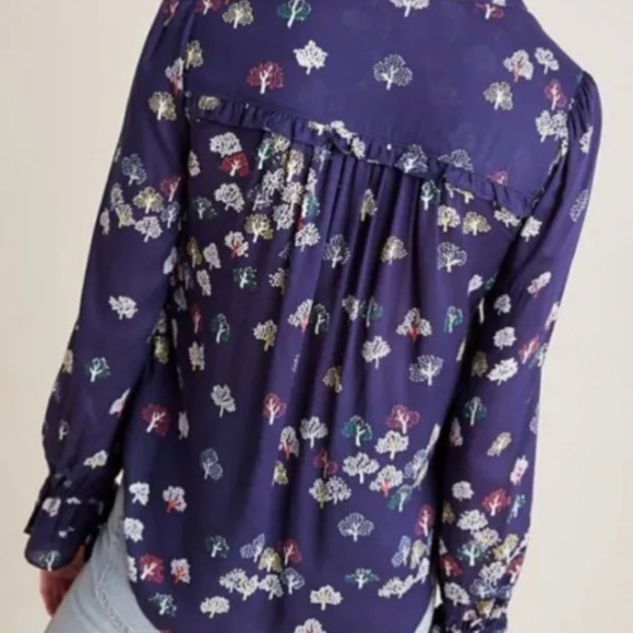 MAEVE BY ANTHROPOLOGIE NAVY TREE PRINT FREDERICKA BUTTON DOWN TOP BLOUSE SIZE 14 - Picture 2 of 12